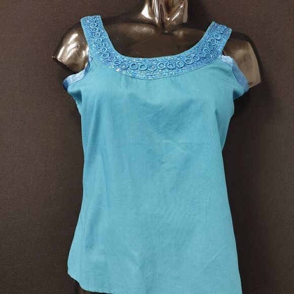 LADIES SLEEVELESS ROUND NECK TEAL FASHION TOP - Picture 1 of 6